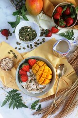 Healthy oats and fruit cereal flat lay