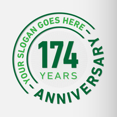 174 years anniversary logo template. One hundred and seventy-four years celebrating logotype. Vector and illustration.