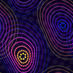 Seamless background with halftone dots in curved circles. Trendy abstract design in vibrant neon colors.