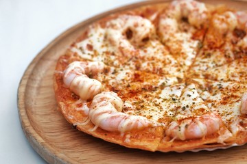 pizza on a wooden board