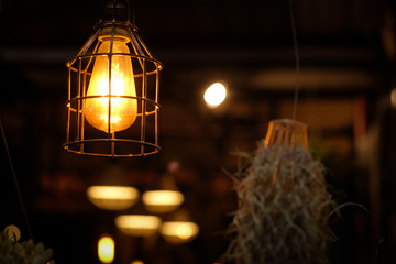 Close up of luxury round light bulbs in a vintage living room, Using the vintage lamp decorated street stalls.