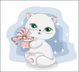lovely white cat, kitten with gift box, decorated with bow. The picture in hand drawing style, for t-shirt print, wear fashion design, greeting card, baby shower.