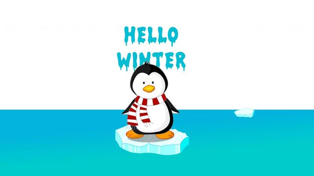 Hello winter. Cute penguin swinging on ice floe. Melting in front of the 'hello winter' lettering. Red white scarf. Arctic nature. blue deserted sea. Loop 4K character animation