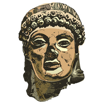 Head of broken antique sculpture. Head of ancient Greek or Roman goddess or god. Hand drawn colorful sketch.