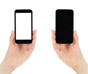 Modern mobile phone in a woman's hand isolated