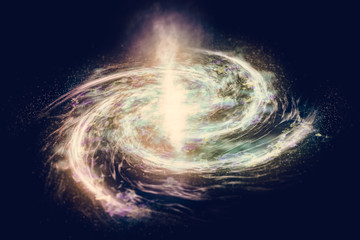 The spiral galaxy revolves around its axis. Dramatic background.