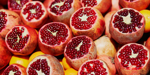 Heap of ripe pomegranates on a farmer market in Istanbul, Turkey