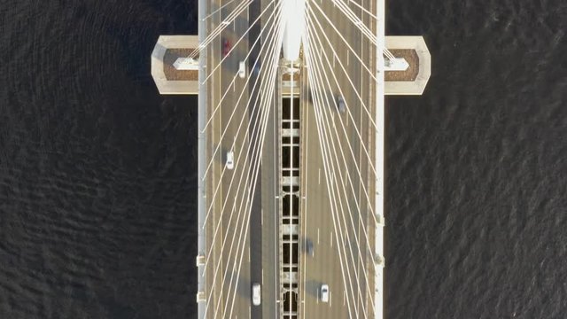 Aerial top view of cable-stayed bridge with cars in St.Petersburg, 4k