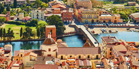 Aerial view of colorful houses in Bosa, Sardinia, Italy