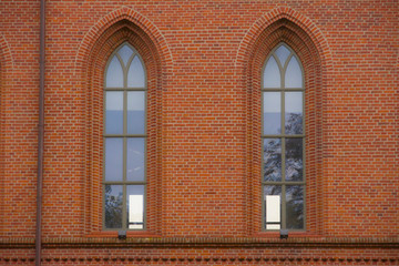Vertical arched, gothic castle windows, architecture, glass, wall, bricks, reflections