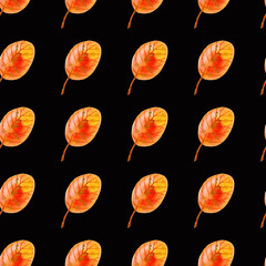 Watercolor simple pattern with a dark background. Hand drawn watercolour autumn yellow and orange leaf with red viens and brown spots repeted on black