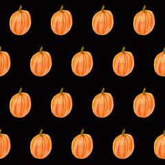Watercolor simple pattern with a dark background. Hand drawn autumn orange ripe pumpkin on black. Repeated gourd temlpate