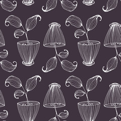 Home plants in pots with a striped pattern set. Hand drawn white line isolated on a violet background. Suitable for stickers, posters, cards.