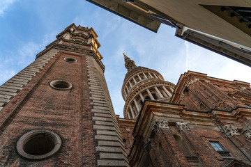 View of the famous Cupola of the San Gaudenzio Basilica in Novara, Italy. SAN GAUDENZIO BASILICA DOME AND HISTORICAL BUILDINGS IN NOVARA IN ITALY. San Gaudenzio church in Novara city, Piedmont, Italy.