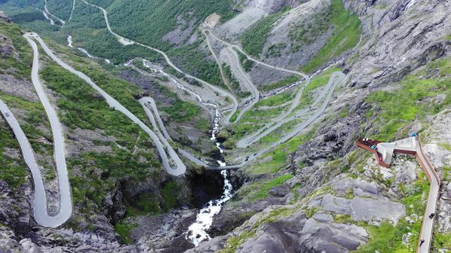 Aerial view. Trolls Path Trollstigen winding scenic mountain road with viewing platform in Norway Europe. National tourist route