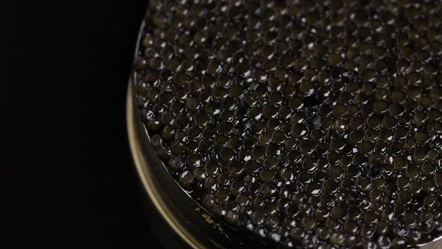 Caviar closeup. Black caviar rotated on black background. High quality natural sturgeon caviar close-up, rotation. Delicatessen. 4K UHD video footage 3840X2160