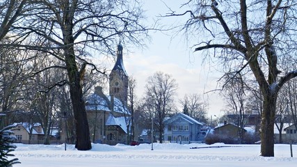 Beautiful architecture of Jurmala in winter snowy days. Latvia, January 2019