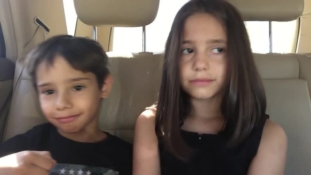 Sister and brother play in the backseat of a car.