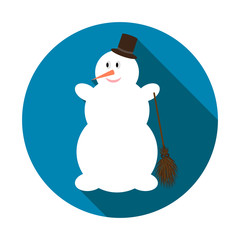 Cute Snowman on blue background with long shadow. Vector illustration for Christmas and New Year card. Flat design. EPS10.