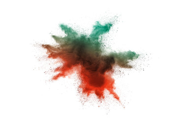Freeze motion of colorful color powder exploding on white background.  Paint Holi.