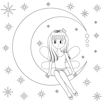 Cute girl sitting dreaming on the moon on background night starry sky. Cartoon style. Vector illustration isolated on white for coloring book . EPS10.