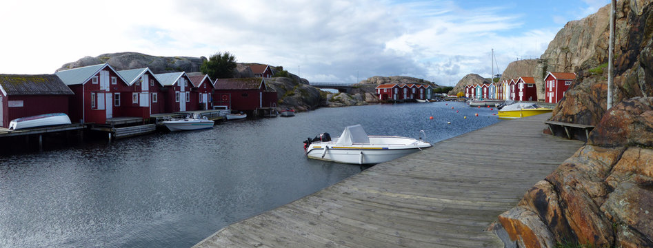 Smogen town, Smogenbrygga. Wood houses of fishermen, of different colors. Bohuslan. Sweden