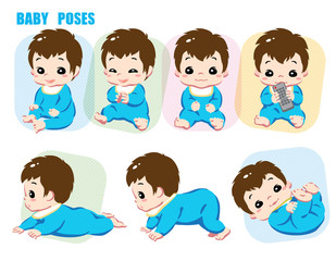 Cute baby, Infant boy. Poses set. Vector illustration.