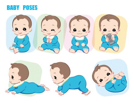 Cute baby, Infant boy. Poses set. Vector illustration.