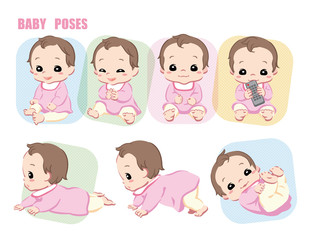Obraz na płótnie Canvas Cute baby, Infant girl. Poses set. Vector illustration.