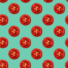 Seamless pattern with tomato slices on a green mint background. Modern style concept