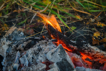 Texture of burning charcoals in a bonfire. Close-up of burning charcoal.
