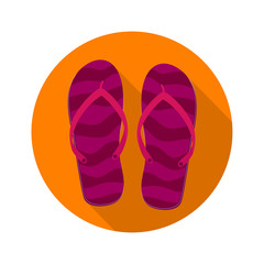 Beach slippers, flip flops, sandals. Flat icon with long shadow on orange round background. Flat design style. Vector illustration. EPS10.