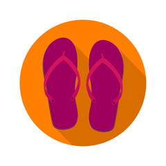 Beach slippers, flip flops, sandals. Flat icon with long shadow on orange round background. Flat design style. Vector illustration. EPS10.