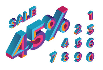 45% sale. 0, 1, 2, 3, 4, 5, 6, 7, 8, 9 isometric 3D numeral alphabet. Percent off, sale background. Colorfull polygonal triangle Letter. Eps10. Vector Isolated Number.