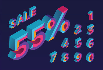55% sale. 0, 1, 2, 3, 4, 5, 6, 7, 8, 9 isometric 3D numeral alphabet. Percent off, sale background. Colorfull polygonal triangle Letter. Eps10. Vector Isolated Number.