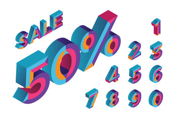 50% sale. 0, 1, 2, 3, 4, 5, 6, 7, 8, 9 isometric 3D numeral alphabet. Percent off, sale background. Colorfull polygonal triangle Letter. Eps10. Vector Isolated Number.