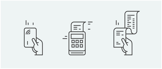 Set of payment options vector elements in flat style. Credit card processing, hand holding debit-credit card, cash and receipt.