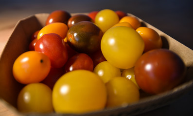 A cardboard box filled with red, yellow and dark organic cherry tomatoes