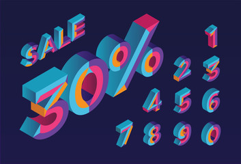 30% sale. 0, 1, 2, 3, 4, 5, 6, 7, 8, 9 isometric 3D numeral alphabet. Percent off, sale background. Colorfull polygonal triangle Letter. Eps10. Vector Isolated Number.