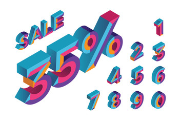 35% sale. 0, 1, 2, 3, 4, 5, 6, 7, 8, 9 isometric 3D numeral alphabet. Percent off, sale background. Colorfull polygonal triangle Letter. Eps10. Vector Isolated Number.