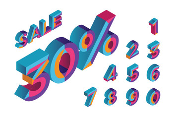 30% sale. 0, 1, 2, 3, 4, 5, 6, 7, 8, 9 isometric 3D numeral alphabet. Percent off, sale background. Colorfull polygonal triangle Letter. Eps10. Vector Isolated Number.