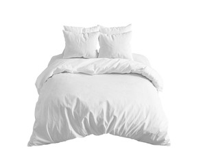 White bedding items on the bed isolated.