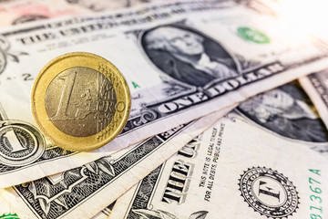 The value of the dollar exchange is close to the euro, concept of currency markets.