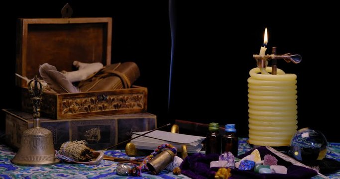 A PSYCHIC'S TOOLS.  IN 4K, 10 BIT.  SLOW PUSH IN ON THE ITEMS.  NO PEOPLE.