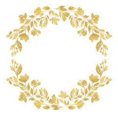 Handdrawn painted gold floral wreaths and laurels. Vintage golden elements for wedding, holiday and greeting cards, web, prind scrapbooking design and other