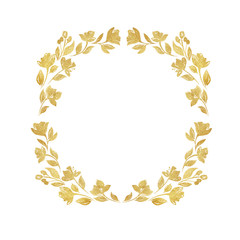 Handdrawn painted gold floral wreaths and laurels. Vintage golden elements for wedding, holiday and greeting cards, web, prind scrapbooking design and other