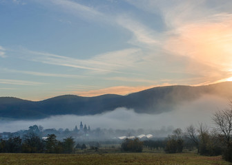 Naklejka na ściany i meble The rural village of Coltesti, Alba County, Transylvania region, Romania, at sunrise. 