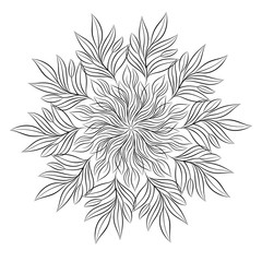 Mandala. Round floral ornament isolated on white background. Black and white outline vector illustration for invitation, greeting cards, print on T-shirt and other items.