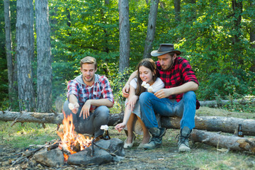Happy young friends having picnic in the country. Company friends picnic or barbecue roasting marshmallows near bonfire.