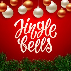 Jingle Bells calligraphy text with realistic fir tree branches border and gold color hanging balls on red vector background. Christmas greeting card design